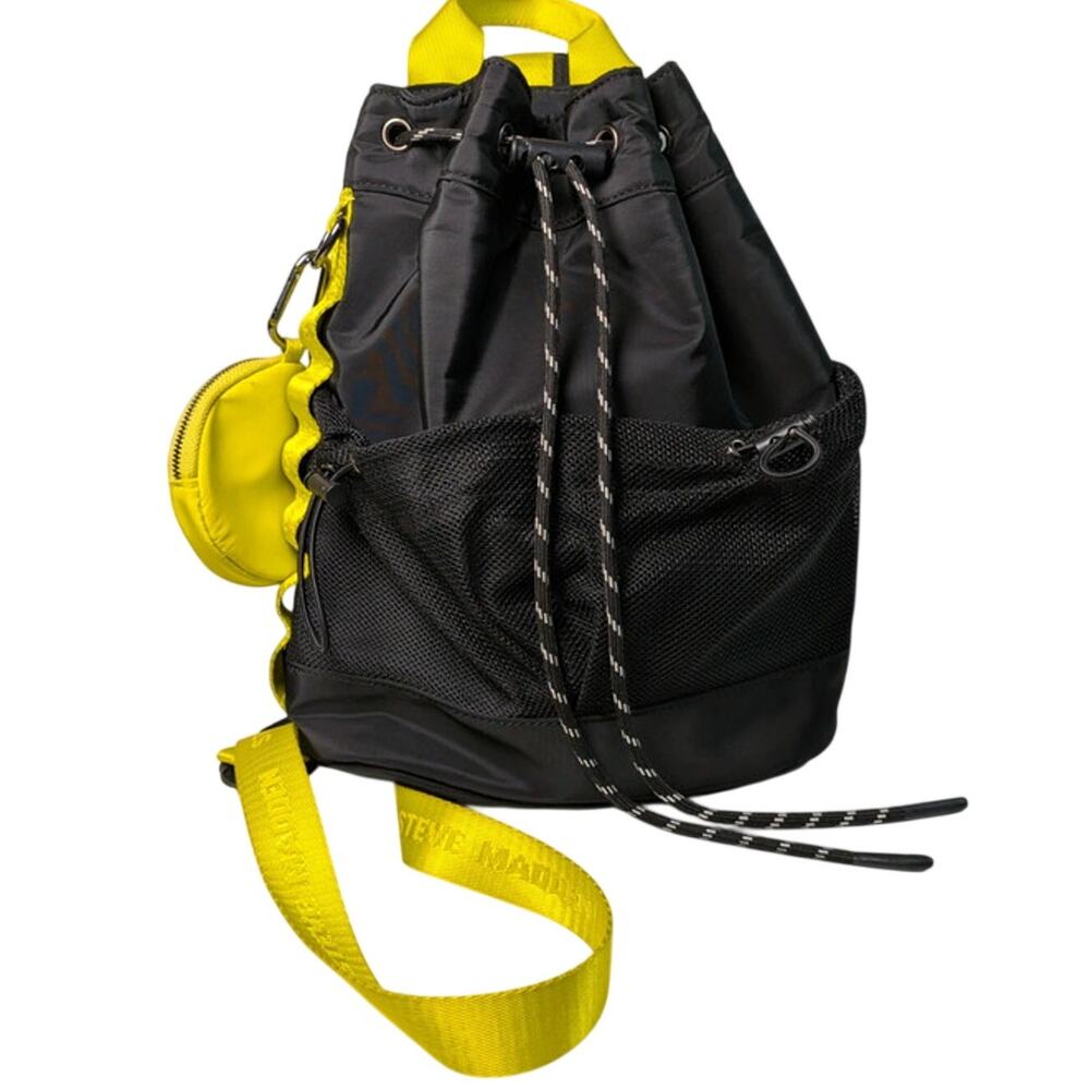 Steve Madden Black Neon Yellow Drawstring Backpack Mesh Pockets Removable Pouch